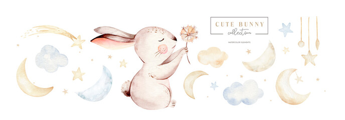 Watercolor Happy Easter baby bunnies design with spring llustration isolated. Hand drawn Easter cartoon forest hare animal bunny holiday funny decoration. Nursery poster design.
