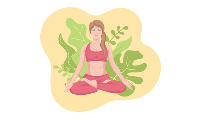 Woman crossed her legs for meditation in the yoga lotus position with house plants and flowers. Practice meditation. Zen and harmony concept. Colored flat vector illustration isolated on white 