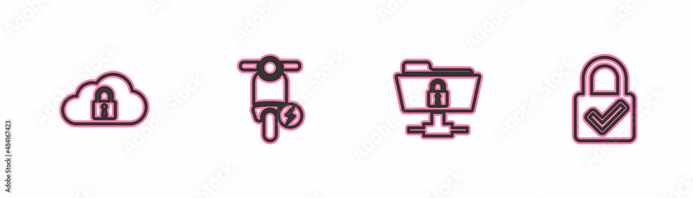 Poster set line cloud computing lock, ftp folder and, electric scooter and lock check mark icon. vector