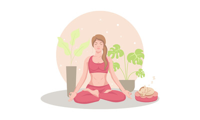 Obraz na płótnie Canvas Woman crossed her legs for meditation in the yoga lotus position with house plants and flowers and sleep cat. Practice meditation. Zen and harmony concept. Colored flat vector illustration isolated