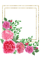 Gold frames with watercolor bouquets of flowers,peonies,poppies,orchids,roses, for Valentine's Day greeting cards, invitations,for design works,needlework and hobbies.