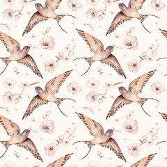 Watercolor spring flying swallows isolated and blossom flowers seamless pattern fabric background