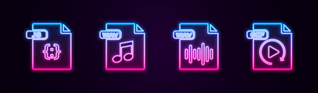 Set line JS file document, WAV, and GIF. Glowing neon icon. Vector