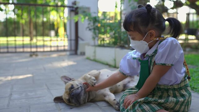 Small girl with healthy face mask scratching dog neck on the floor.