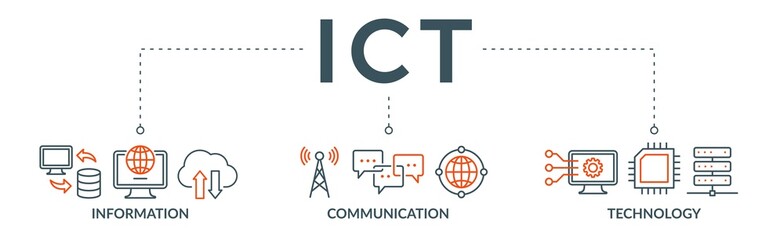 ICT banner web icon vector illustration concept for information and communications technology with icon of antenna, radio, network, website, database, cloud, server, data, electronic, and processor - obrazy, fototapety, plakaty