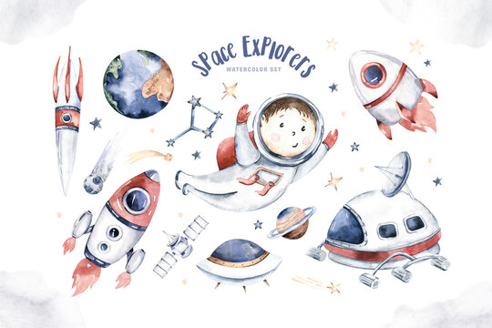 Astronaut baby boy space suit, cosmonaut stars, moon, rocket and shuttle isolated watercolor space ship illustration on white background, Spaceman cartoon kid astronout. universe illustration set