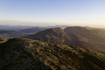 Aerial view of the Rhinogydd mountain range in Snowdonia Wales