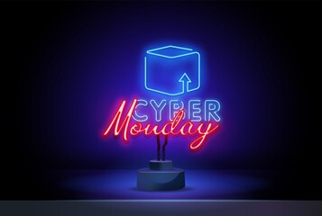 Cyber Monday concept banner in neon style, luminous signboard, nightly advertising of sales rebates of cyber Monday. Vector illustration for your projects