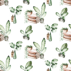 Watercolor trendy interior bohemian background with mid century modern furniture. Interior hugge Decor Scene. Cozy living room with houseplant, Urbun jungle Watercolor illustration. Housewarming print