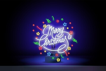 Neon Merry Christmas vector text Calligraphic Lettering design card template. Neon Creative typography for Holiday Greeting Gift Poster. Calligraphy Font style Banner.