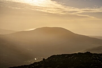 North Wales Mountain sunrise over Snowdonia and the Welsh valleys