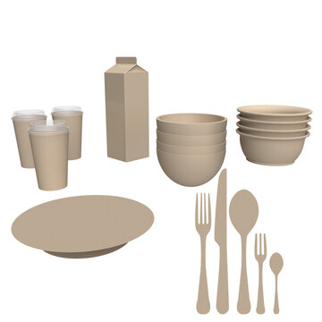 3D Illustration - Set von umweltfreundlichem Bagasse Geschirr f&uuml;r Lebensmittel und Getr&auml;nke