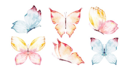 Watercolor colorful butterflies, isolated on white background. blue, yellow, pink and red butterfly spring illustration © kris_art