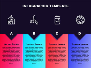 Set line Farm House, Beer tap, can and Bottle cap. Business infographic template. Vector