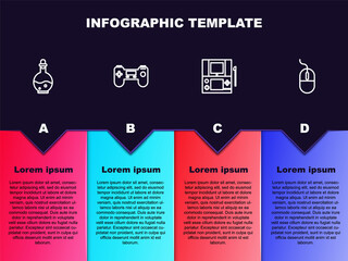 Set line Bottle with magic elixir, Gamepad, Portable video game console and Computer mouse. Business infographic template. Vector
