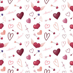 Hand drawn seamless pattern of arrows and hearts. Valentines day concept.