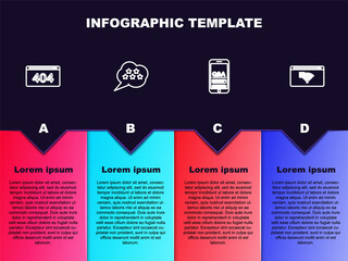 Set line Page with a 404 error, Five stars rating review, Mobile Question and Exclamation and No Internet connection. Business infographic template. Vector
