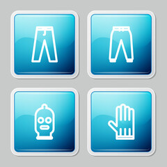 Set line Pants, Sport pants, Balaclava and Leather glove icon. Vector