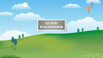 Your media placeholder. Simulate photo or video. Calm summer landscape. Aspect ratio 16:9. Vector illustration