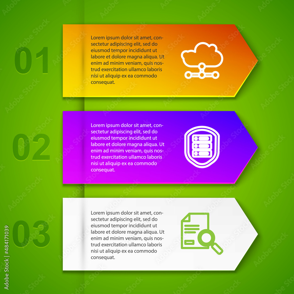 Poster set line network cloud connection, server with shield, document search and sales funnel. business in
