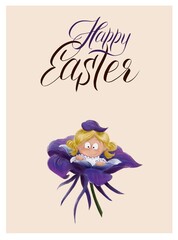 Easter vertical postcard with fairy and flower on beige background. Cute little girl in floret. Colourful Easter. Spring and blossom. Rocky Mountain Columbine, Aquilegia. Illustration in cartoon style
