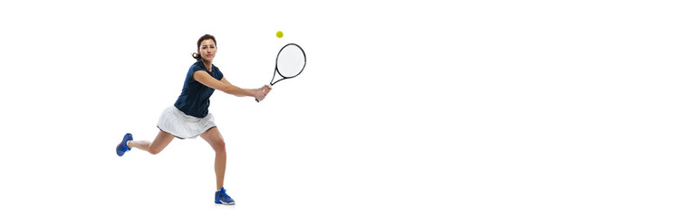 Flyer with young slim woman, tennis player training with racket and ball isolated on white...