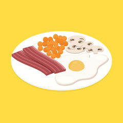English breakfast, egg, bacon, mushroms, beans - Isometric vector illustration in flat design. 

