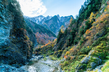 黒部峡谷の雪山と紅葉