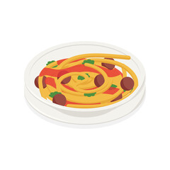 Spaghetti with meatballs, tomato sauce, pasta, dinner  - Isometric vector illustration in flat design.
