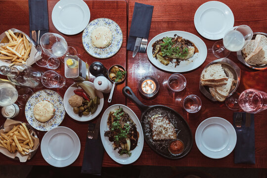 Directly above shot of food at table in restaurant