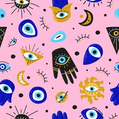 Seamless pattern with Cartoon Evil eyes. Blue Evil eye, Hamsa, Hand of Fatima, Eye of Providence. Vector illustrations of amulets for print, fabric, wallpaper, clothing, wrapping paper.