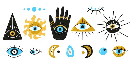 Fototapeta na wymiar Evil eyes. Set of hand drawn different mascots. Evil eye, Hamsa, Hand of Fatima, Eye of Providence. Vector illustrations of amulets in blue. Freehand drawing style. Isolated on white.