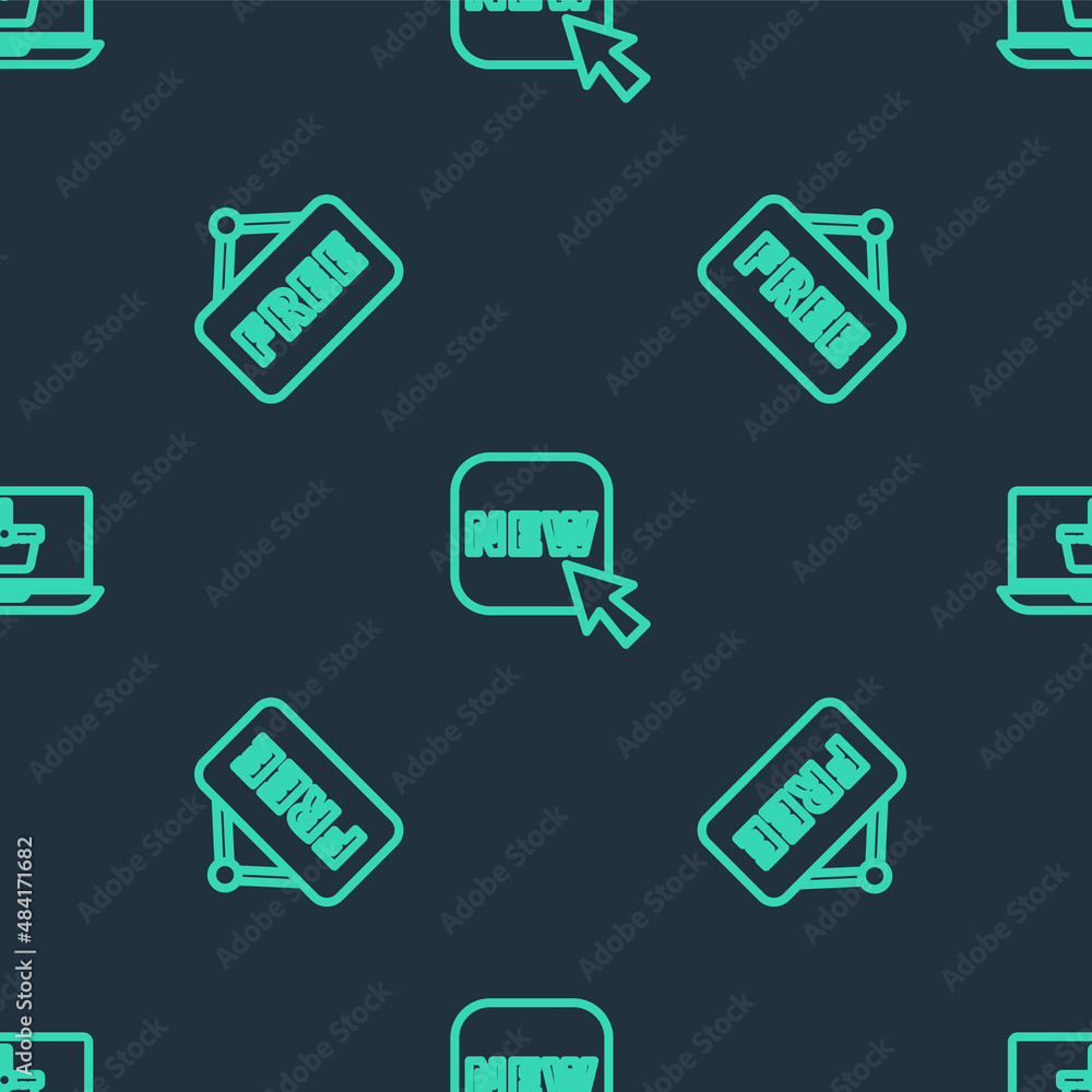 Poster set line button with text new, price tag free and shopping basket laptop on seamless pattern. vector