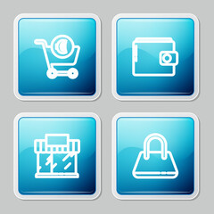 Set line Shopping cart and euro, Wallet, building or market store and Handbag icon. Vector