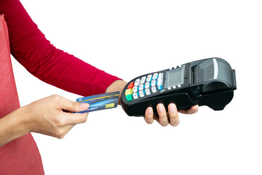 Female Clerk Insert Credit Card Payment Terminal Machine Purchasing On White Background