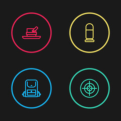 Set line Hiking backpack, Target sport, Bullet and Hunter hat with feather icon. Vector