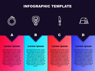 Set line Canteen water bottle, Bear head on shield, Hunter knife and Tourist tent. Business infographic template. Vector