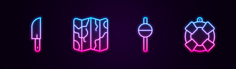 Set line Knife, Folded map, Fishing float and Lifebuoy. Glowing neon icon. Vector