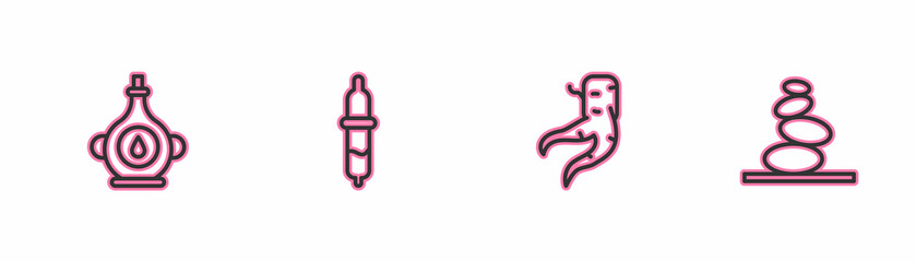 Set line Oil bottle, Ginger root, Pipette and Stack hot stones icon. Vector