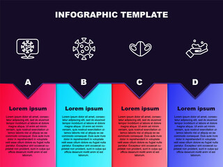 Set line Corona virus on location, Virus, Medical protective mask and Washing hands with soap. Business infographic template. Vector