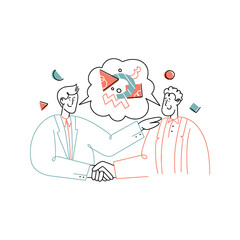 Vector hand drawn business concept illustration about partnership and good deal. Men are shaking hands with bubble of cooperation between their heads.