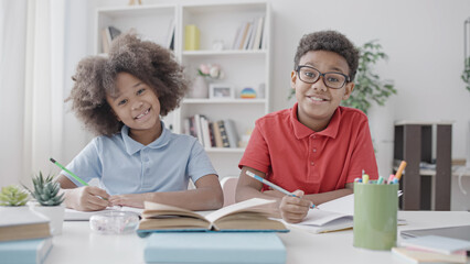 Smiling African American siblings smiling looking at camera, studying at home, distance education