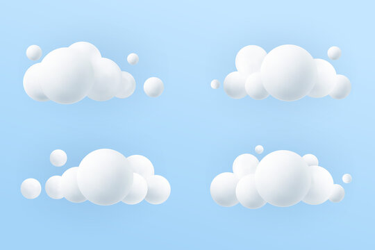 White 3d realistic clouds set isolated on a blue background. render soft round cartoon fluffy clouds icon in the blue sky 3d geometric shapes vector illustration Premium Vector