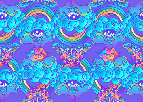 Psychedelic vector seamless pattern: trippy butterflies, all-seeing eye, lips, rainbow, clousd. Background with psychedelic elements.
