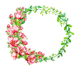 Red flowers and  green leaves,  abstract circle frame, isolated on white. Watercolor hand drawn illustration.