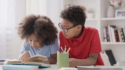 Black siblings reading book and doing task sitting at desk, distance learning