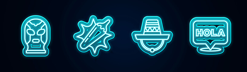 Set line Mexican wrestler, Hot chili pepper pod, sombrero and Hola. Glowing neon icon. Vector © vector_v