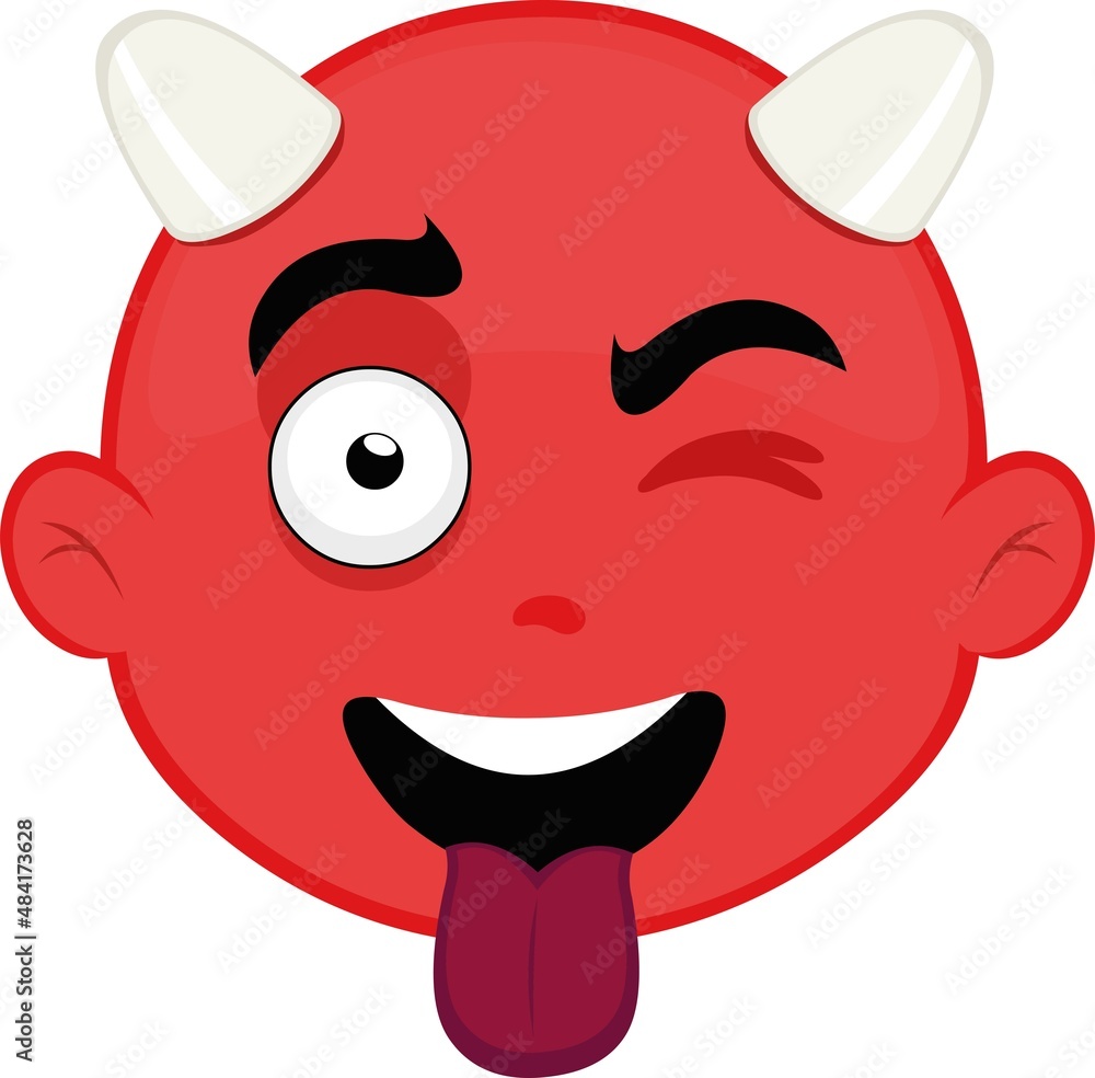 Poster vector illustration of the face of a little devil with a happy expression, winking and with his tong