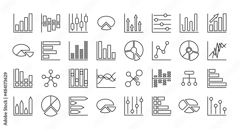 Poster set icons diagram in linear style. infographics icon chart vector graphics