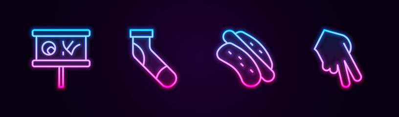 Set line Planning strategy, Baseball sock, Hotdog sandwich and glove. Glowing neon icon. Vector